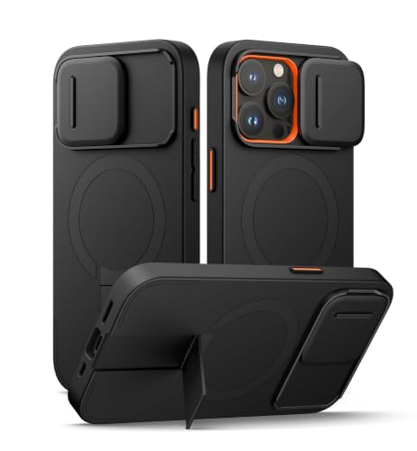 Image of SURITCH for iPhone 15 Pro Case with Magnetic Camera Slide Cover and Adjustable Kickstand, Compatible with MagSafe, Shockproof Bumper Case Slim Protective Cover 6.1 Inch, Black