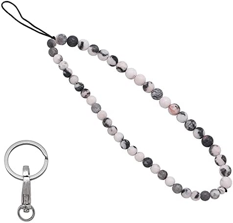 C&L Accessories Beaded Phone Charm Cell Phone Lanyard Wrist Strap Handmade Natural Gemstone Beads Phone Keychain Charm String Decoration for Women Girls (Pink Zebra Jasper)