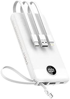 VEEKTOMX Power Bank with Built-in Cables, 10000mAh USB C Portable Charger with 5 Outputs and LED Display, External Battery Bank for iPhone/iPad/Samsung Galaxy and Other Smart Devices(10000mAh-White)