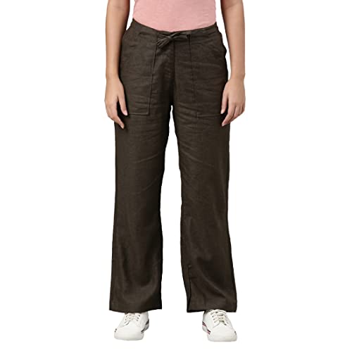 Image of GO COLORS Solid Linen Cargo Pants for Women | Full Length, Mid Rise, Side Pockets