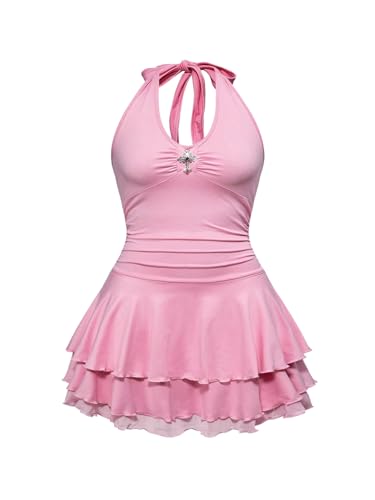 Image of BEAUDRM Women's Y2k Goth Mini Dress Grunge Punk V Neck Tie Back Halter Short Dresses Gothic Halloween Costumes