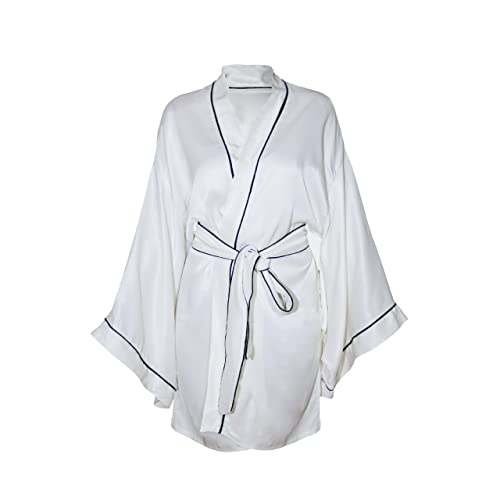 beauty pillow Morgenmantel Kurz Damen Leicht - Prämie Satin Nachthemd Mit Gürtel, Braut Kimono für Hochzeit, Nachtwäsche Mit V-Ausschnitt | Perlweiss Cover