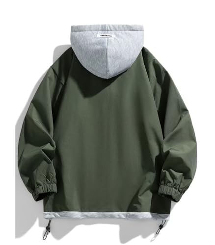 Image of FTIMILD Mens Fake Two Pieces Windbreaker Spring and Fall Vibrant Color Block Coat Lightweight Jacket with Hood