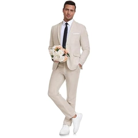 Aowdoy Men's 2 Piece Beige Linen Suits Slim Fit Casual Summer Beach Wedding Dress Tux Prom Suit Blazer Jacket and Pants Beige XS Cover