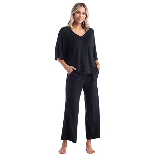 Softies Dream Relaxed V-Neck Capri Lounge Set for Women Ultra Soft 2-Piece Pajama Set - Dolman Sleeve Top and Cropped Pants Black