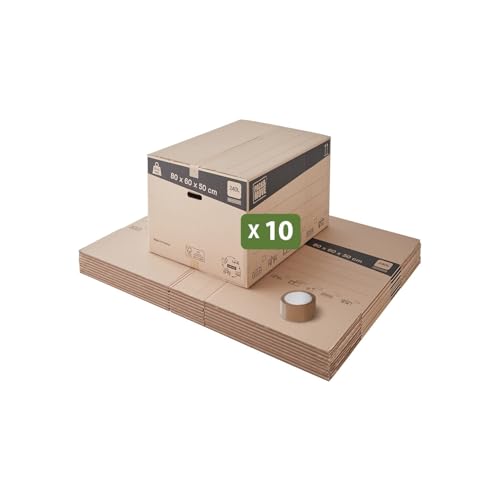 Pack and Move - Lot 10 cartons déménagement stockage XXL - 80 x 60 x 50 cm - Poignées renforcées - 1 adhésif