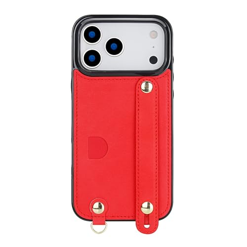 Étui iPhone 16 Pro Max rouge en cuir avec fente carte et bandoulière