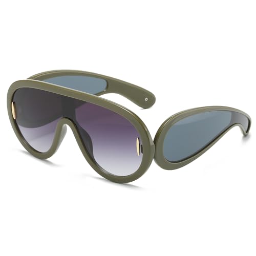 YUELUQU Mode Rave Sonnenbrille für Frauen Männer übergroße futuristische Schild Welle Maske Sonnenbrille Designer Stil (Grün/Grau)