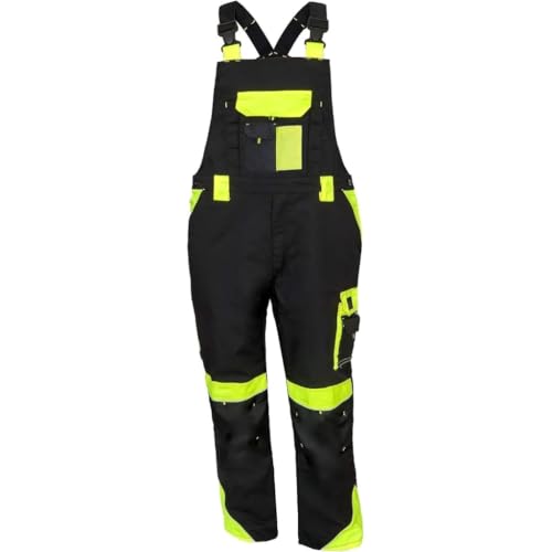 Luckyberg Herren Latzhose, Arbeitshose viel funktionale Taschen. Arbeitslatzhose Herren Größe: 44-62 (DE/NL/SE/PL, Numerisch, 50, Regular, Regular, Standard, Schwarz gelb)