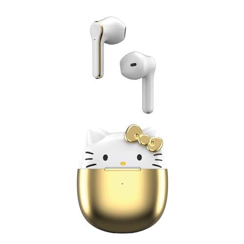 Hello Kitty Auriculares inalámbricos Bluetooth con funda de carga, micrófono integrado, fácil emparejamiento, bonito diseño, dorado y blanco, perfectos para niños, adolescentes y fanáticos