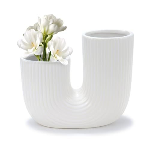 ISTOOLL U-Shaped Ceramic Vase for Table Decor, White Double mouthed Vases for Centerpiece for Living Room, Coffee Table Decor, Kitchen, and Office