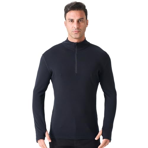 Merino Protect 100% Merino Wool Base Layer Mens Jumper Quarter Zip Pullover Sweatshirt Thermal Long Sleeve Tops Black