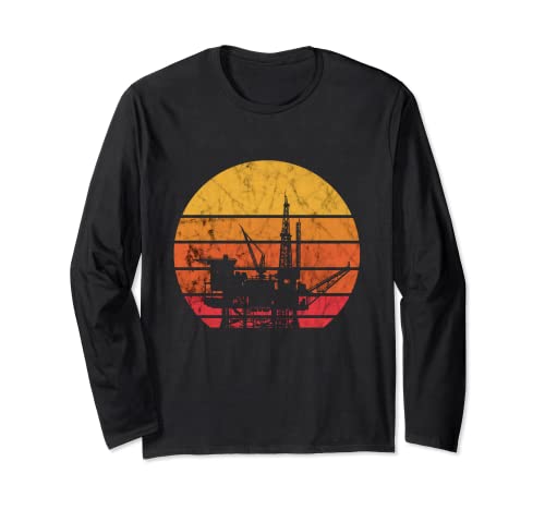 Trabajador del campo petrolífero Retro Vintage Sunset Oil Rig Oildrilling Manga Larga
