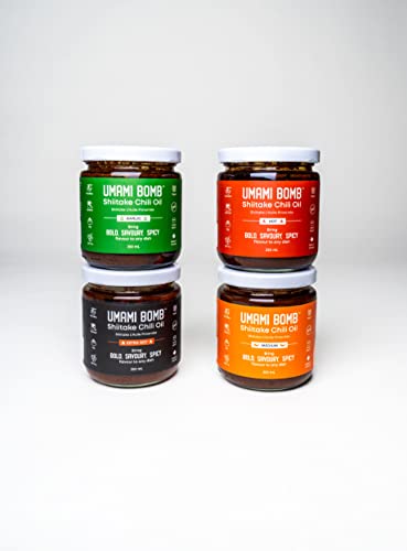 Umami Bomb All Purpose Shiitake Chili Oil Sauce | Savory & Delicious Medium, Hot, Extra Hot & Garlic Chili Oil | All Natural, Vegan, Low Sodium, Preservative Free | Proudly Made in Canada (8.8 oz x 4)
