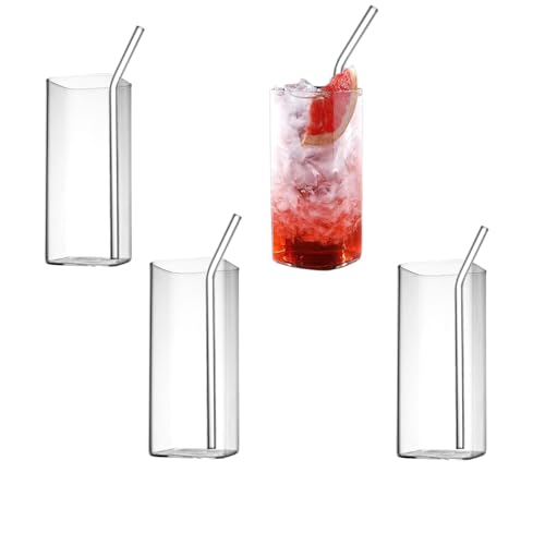 4 Stück 500ml Wassergläser Longdrinkgläser Set, Elegante Bargläser Für Wasser, Iced Coffee Glas, Cocktail Glas Kristall, Trinkgläser Set, Für Wasser Trink Saft Mit 4 Glasstrohhalmen
