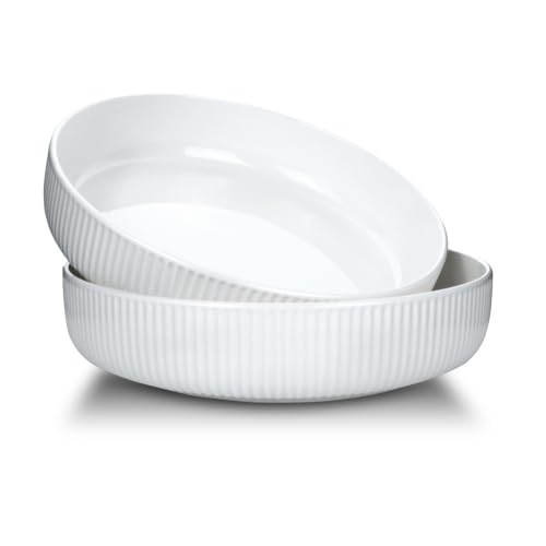 Image of 2 Pack 1000ml White Ceramic Deep Pasta Bowls with Vertical Ribbed Texture – Round Soup Bowls,Large Pasta Bowls for Ramen, Salad, Rice Bowls,Classical Minimalist Dinnerware,Microwave & Dishwasher Safe