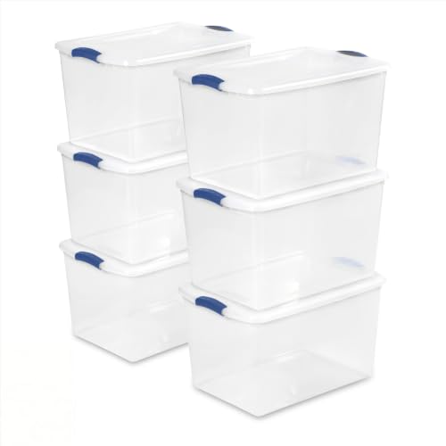Image of Storage Bins 66 Qt Clear Latching Lid Stackable 6 Pack for Closet. | Clear Construction with Color Latches - Easy to see contents without opening. Color latches keep lids securely attached.