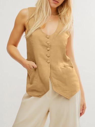 Tankaneo Womens Scoop Neck Blazer Vest Summer Linen Sleeveless Fitted Waistcoat Work Casual Cotton Suit Tops4
