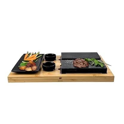 BEEFSTONE Lavastein Steak-Brett Hot Stone Steingrill Set aus Bambusbrett Lavastone und Porzellan-Platte, Fleisch, Fisch grillen auf heißem Stein (Due V2)