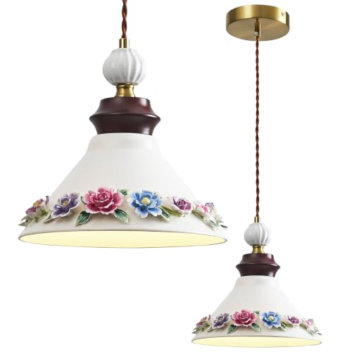 JXJYHL Ceramic Pendant Light with Walnut Accents, Handmade Flower Petals...