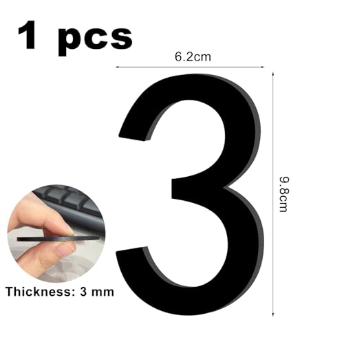 Hausnummer Klebend Nr.3,Höhe 9,8 cm,Ziffer zum Aufkleben aus Acryl,Hausschild für Draußen,Hausnummern,für Außen,Briefkasten,Tür,Wetterfest,Ziffern zum Aufkleben,Matt Schwarz