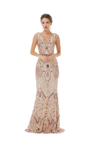 Image of Women's Wedding Bridesmaid Gown Sequined Mermaid V Neck Sleeveless Evening Dress