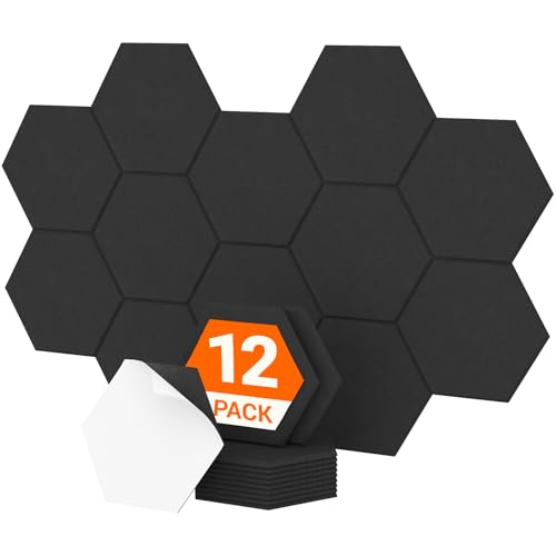 Hexagon Akustikpaneele selbstklebend 12 Stücke, TONOR Schallabsorber Schallschutz mit Hochdichte Wandfliesen Schalldämmung 30x26x1cm für Studio, Büro, Akustische Behandlung und Wanddekoration Schwarz