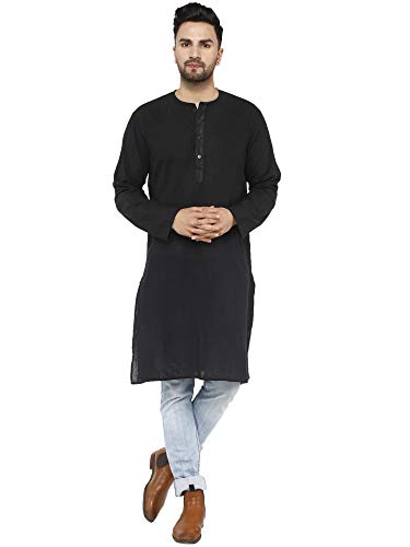 SKAVIJ Men's Tunic Cotton Long Kurta Shirt Regular Fit Summer Dress (Large, Black)