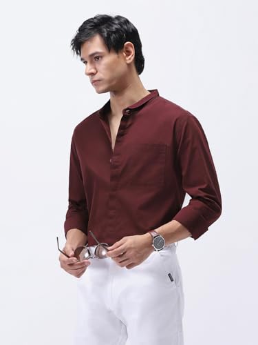 Image of Urbano Fashion Men's Cotton Full Sleeve Regular Fit Casual Solid Shirt with Band Collar