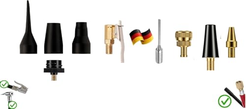 9-teiliges Druckluft-Kompressor-Düsen- und Adapter-Set – mit Ballnadel, Ausblaspistole, konischen Düsen, Messing- & Kunststoffadaptern – kompatibel mit Standard-Luftschläuchen und Reifenfüllgeräten