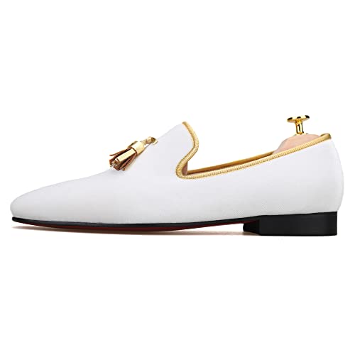 FERUCCI Men White Velvet Square Toe Gold Tassel Slippers Loafers Flats Prom Wedding