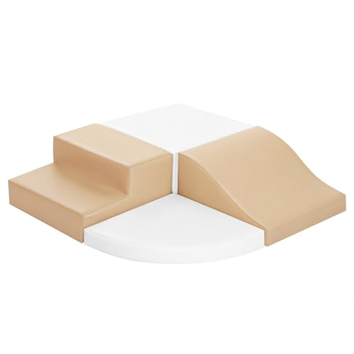 Série de 4 jouets d'escalade pour enfants : ensemble de peluches en cuir PU – blocs d'escalade en mousse, adaptés à la marche et au glissement des bébés, jeu intérieur pour enfants (blanc et beige)