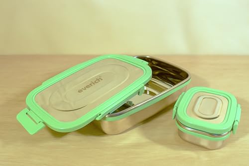 Image of Stainless Steel Lunch Box 1100ml | 4-Side Clip Lock | 100% Leakproof & Airtight Tiffin Box | Steel Lunch Box for Office & Kids | Green