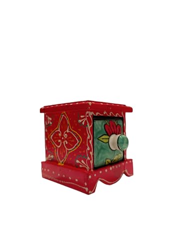 Especiero Indio Decorativo de Color Rojo Hecho de Madera y Cerámica con 1 Cajón.