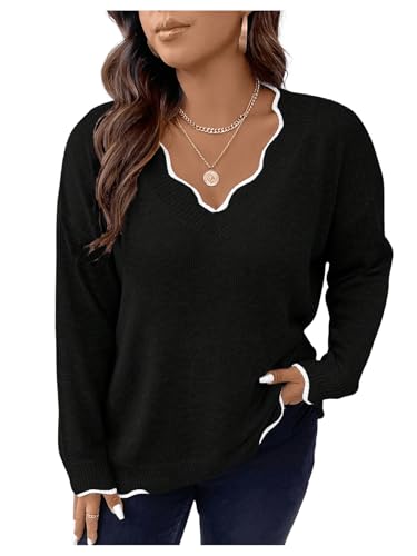 Image of MAKEMECHIC Women's Plus Size Long Sleeve Sweaters Scalloped V Neck Knit Cozy Sweater Pullover