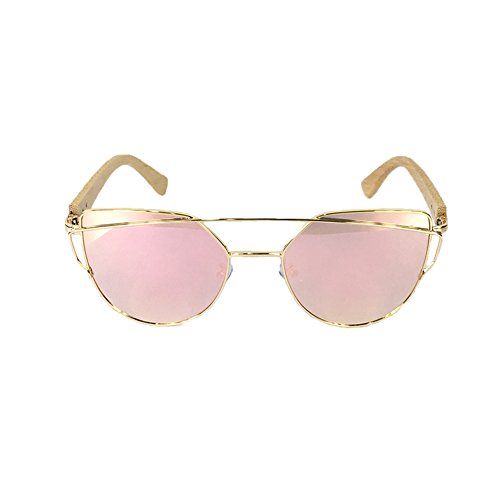 Women's Drama Pink Mirrored Lens Cat Eye Bamboo Sunglasses2