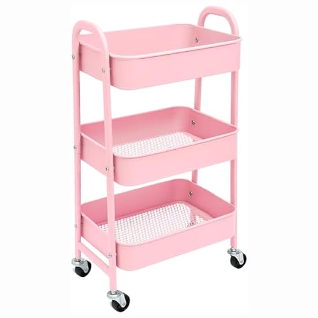 3 Tier Rolling Cart Storage Trolley with Handles, Multi-Purpose Storage Organiser, Space-Saving Organizer Trolley Rack for Home Kitchen Living Room Bathroom Pink-OZgvH1ZS