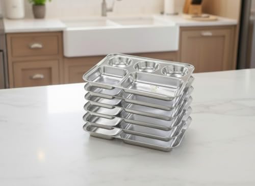 Image of MOHAM Stainless Steel Rectangular Partition Plate 5 in1 /Bhojan Thali /Compartment Plate /Steel Thali /Dinner Plate Pack of 6 for Breakfast /Lunch /Dinner /Pav Bhaji Plates