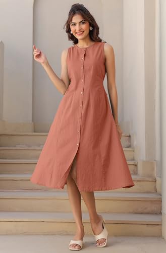 Image of Janasya Women's Rust Linen Cotton Solid A-line Dress