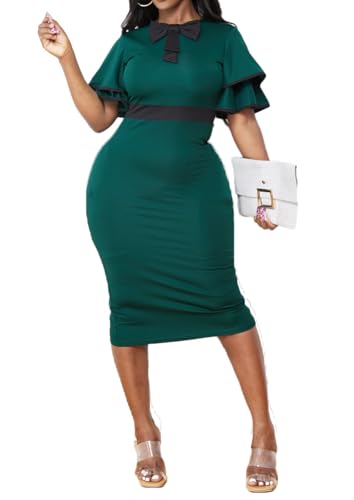 Image of Xinlees Women's Bodycon Pencil Dress Sexy Short Ruffles Sleeve Clubwear Basic Fitted Outfits Casual Midi Dresses