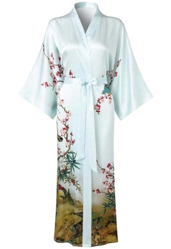TicyLuck Women's Silk Kimono Robe Long Bathrobe Nightgown 100% Mulberry Silk for Women - Classic Floral Pattern (US, Alpha, One Size, Regular, Regular, Pale Blue)