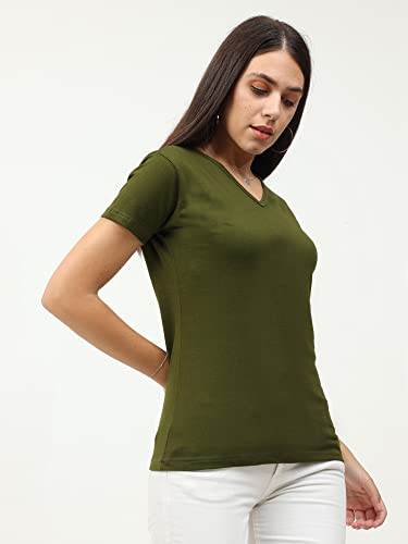 Image of FLEXIMAA Women's Cotton Plain V Neck Half Sleeve T-Shirt