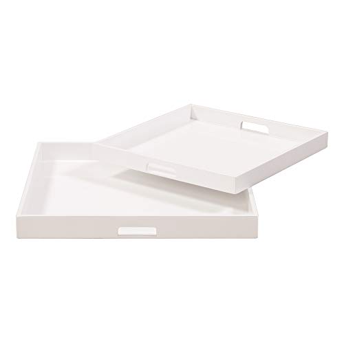 Image of Howard Elliott Collection Premium Wooden Serving Tray with Handle, Glossy White Finish Decorative Square Wood Tray Set Platters for Ottoman, Breakfast, Parties, Weddings, 20 x 20 Inch