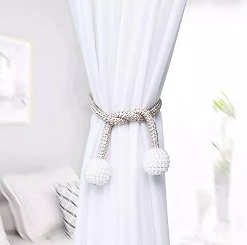 Image of Home Cloud Magnetic Curtain Tiebacks Convenient Drape Tie Backs - Pearl Decorative Rope Holdback Holder for Window Drapries Color Multi (1pair 2 pcs) (Cream)