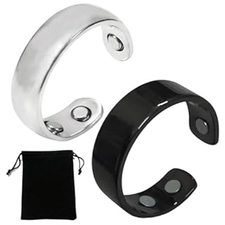 EIHI 2 Pezzi Unisex Anello per Magnetoterapia,Apertura Regolabile Anello,Applicabile a Riduce l'ansia, Migliora la Qualità del Sonno,Con Custodia(Argento + Nero)