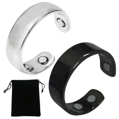 EIHI 2 Piezas Unisex Anillo para Magnetoterapia, Anillo de Apertura Ajustable, Aplicable para Reducir la Ansiedad, Mejorar la Calidad del Sueño, Con Estuche (Plata + Negro)