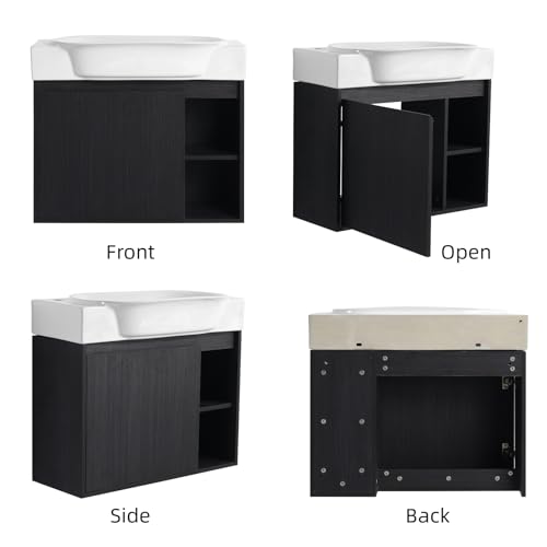 Image of 28 inch Wall Mounted Bathroom Vanity with Ceramic Sink, Modern Floating Bathroom Cabinet with Soft-Close Door & 2 Open Storage Shelves, Farmhouse Small Bath Vanity Set, Easy to Clean, Black