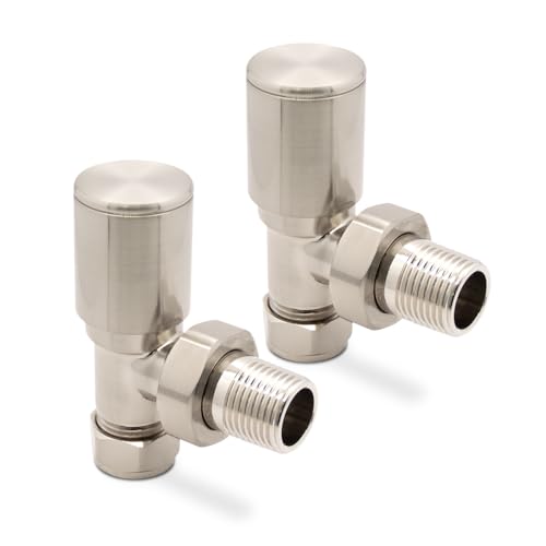 Brushed Nickel Angled Modern Standard Rounded Radiator Towel Rail Valves Central Heating (Pair) 1/2" BSP