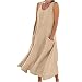 TRIGLICOLEUM Ärmellos Baumwoll Leinen Tankkleid Damen Einfarbig Sommerkleid Gestreifte Strandkleid Lose Rundhals Maxikleid Langes Kleid Partykleid Freizeitkleid mit Taschen, XXL, #01 Khaki