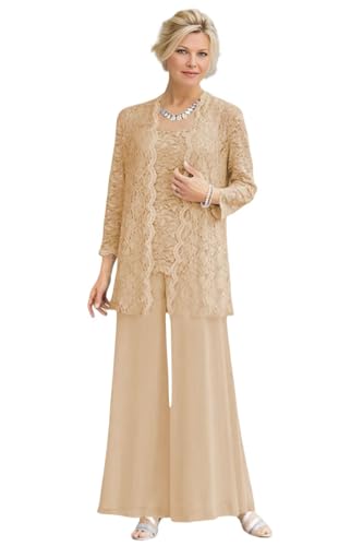 3 Piece Mother of The Bride Pant Suit Champagne Fall Long Sleeve Lace Wedding Guest Pantsuit for Women with Blazer Size 10